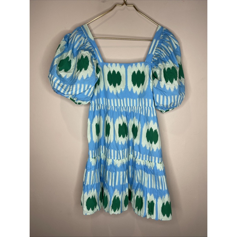 Oliphant Blue & Green Ikat Puff Sleeve Smocked Mini dress 2XS XXS